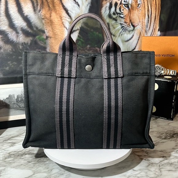 Hermes Handbags - :HERMES PM CANVAS TOTE BAG. BLACK AND GRAY